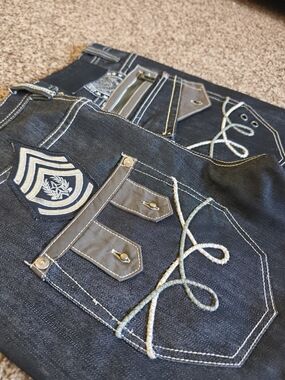 Y2K Imperious Delf Trading Embroidered Military Theme Mens Black Jeans 32x32